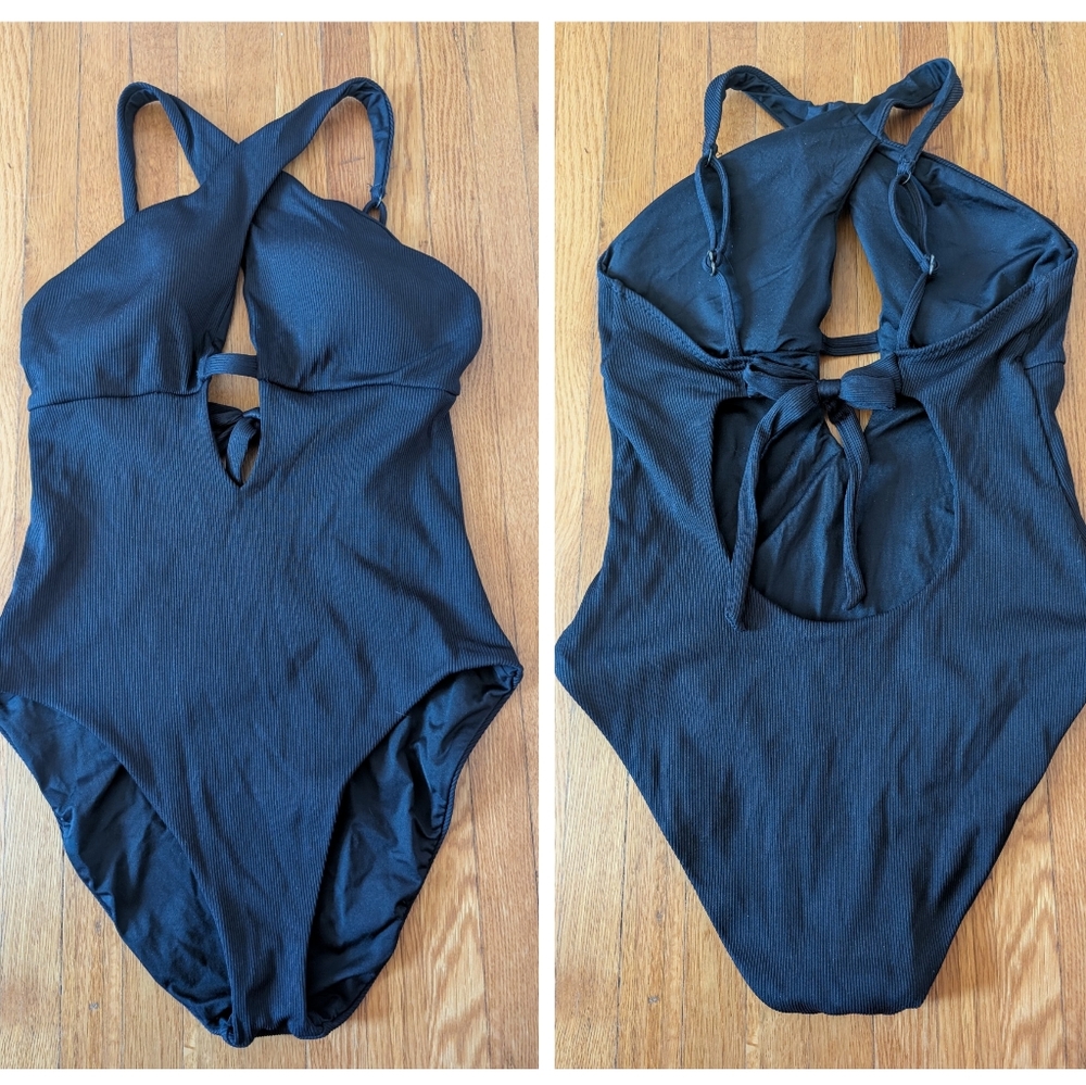 Becca One Piece Swimsuit | Large | Black, Ribbed, Cutout, Crisscross, Halter